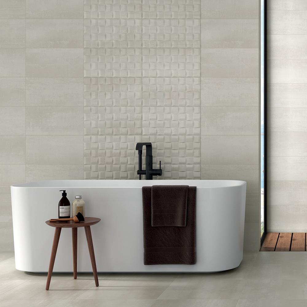 Barrington cream tiles and cream Art décor on bathroom wall over freestanding bath