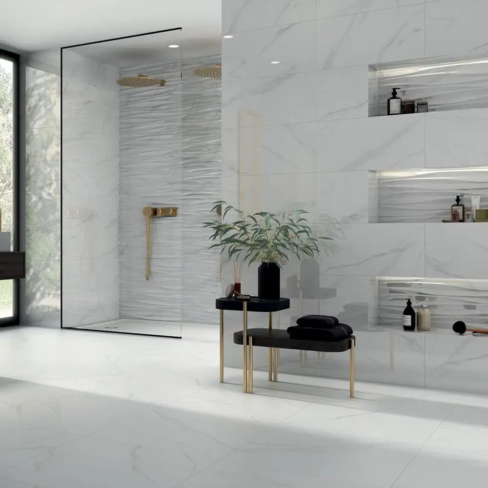 Luxury Tiles Giovanni Waved Gloss Marble Effect White Feature Wall
