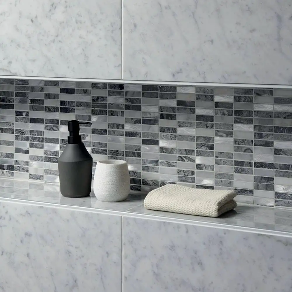 Creswell Grey Stone & Metal Mix Linear Mosaic in bathroom wall niche
