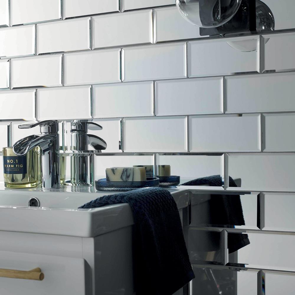 Close up of Lumiere Bevel Mirror Brick Mosaic on bathroom wall