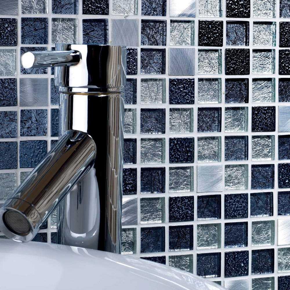 Close up of Atlas Fusion Glass/Metal Mix Mosaic on bathroom ensuite wall