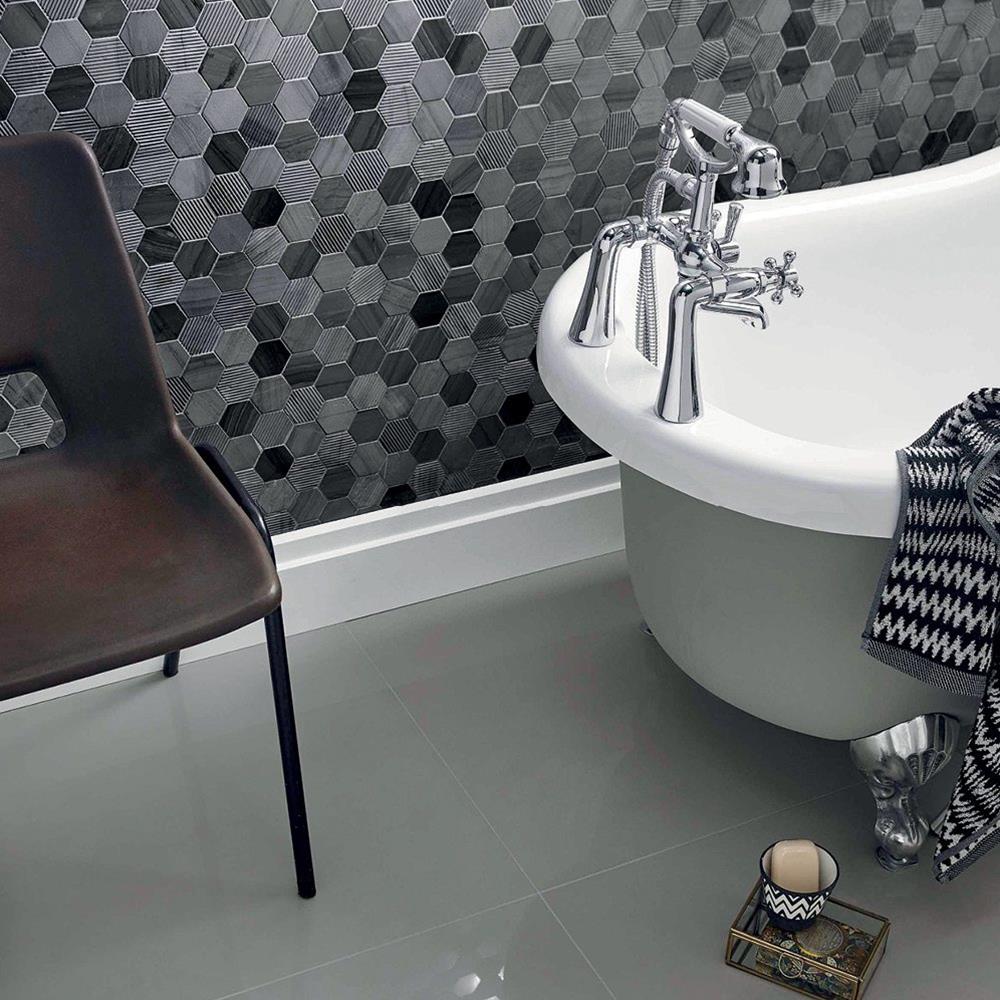 Close up of Midnight Stone Hexagon Marble Mosaic on modern classic bathroom wall
