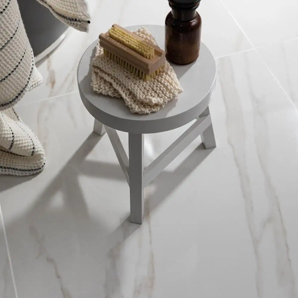 Marmori Calacatta White Matt Tile shown on bathroom floor