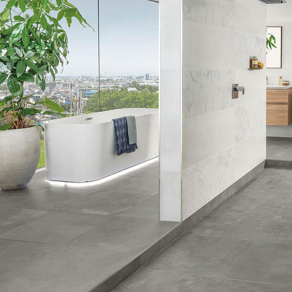 Urban Dark Grey Matt Tile shown in modern big bathroom on the floor
