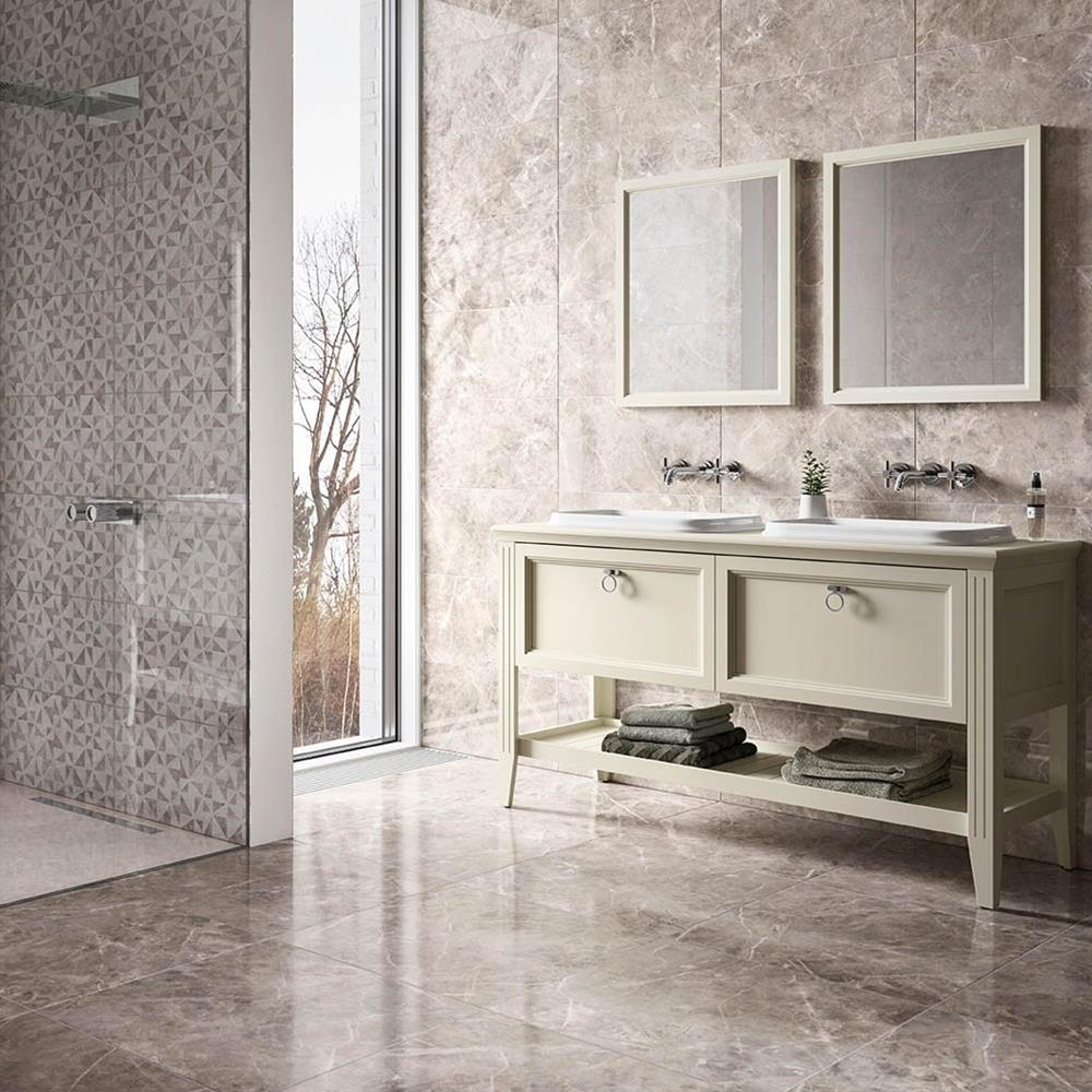 Dolomite beige gloss tile being used as a wall tile in a open bathroom space with walk in shower and his and her vanity unit