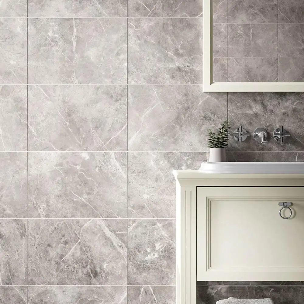 Dolomite grey gloss tile on a bathroom wall with cream vanity