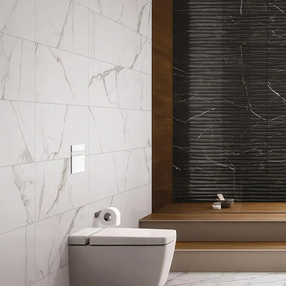 B&W Star White Gloss marble effect tile in a bathroom setting with contrasting B&W Black Gloss décor tile.