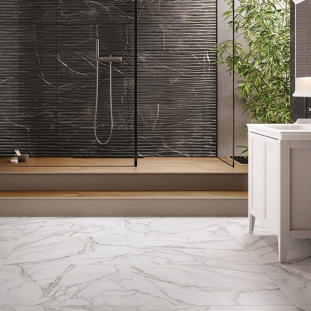 B&W Star White Gloss marble effect floor tile with contrasting black featrure tile in a Shower setting