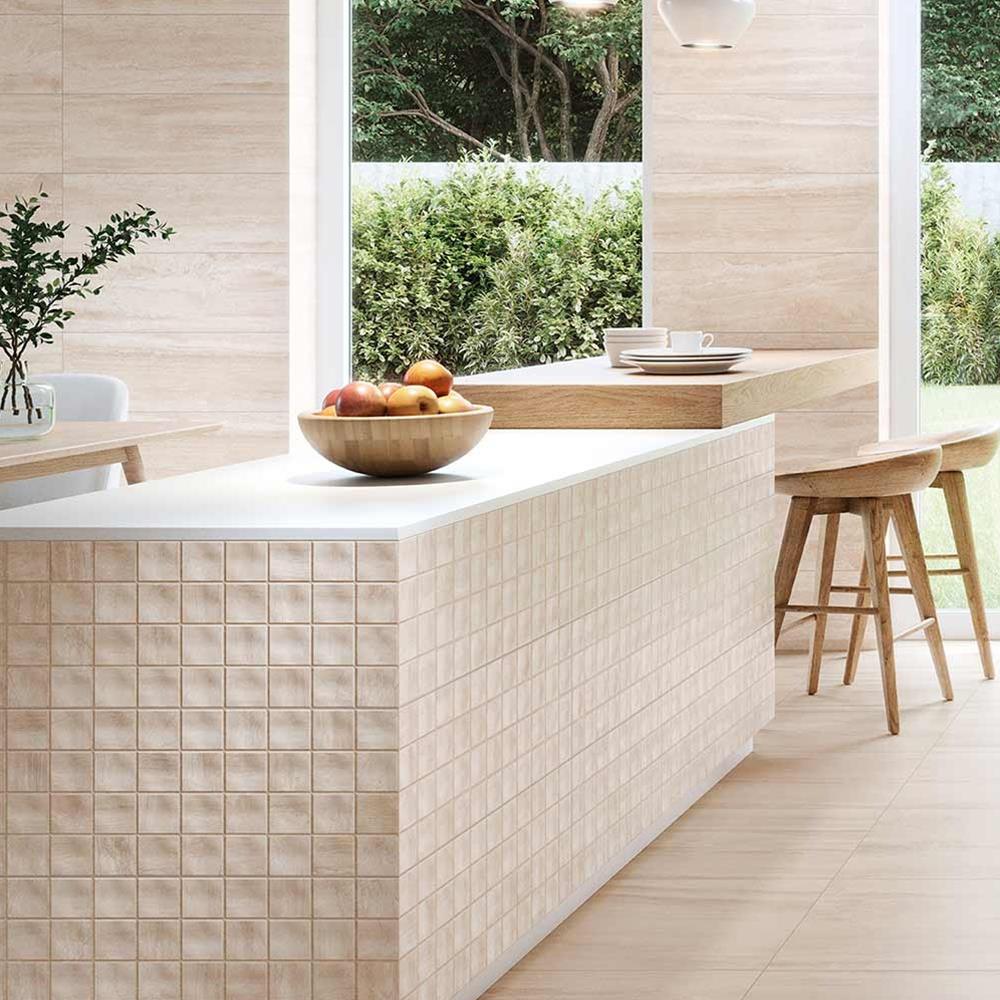Bliss Cream stone effect Cream Concept wall tile used as a splashback in modern kitchen
