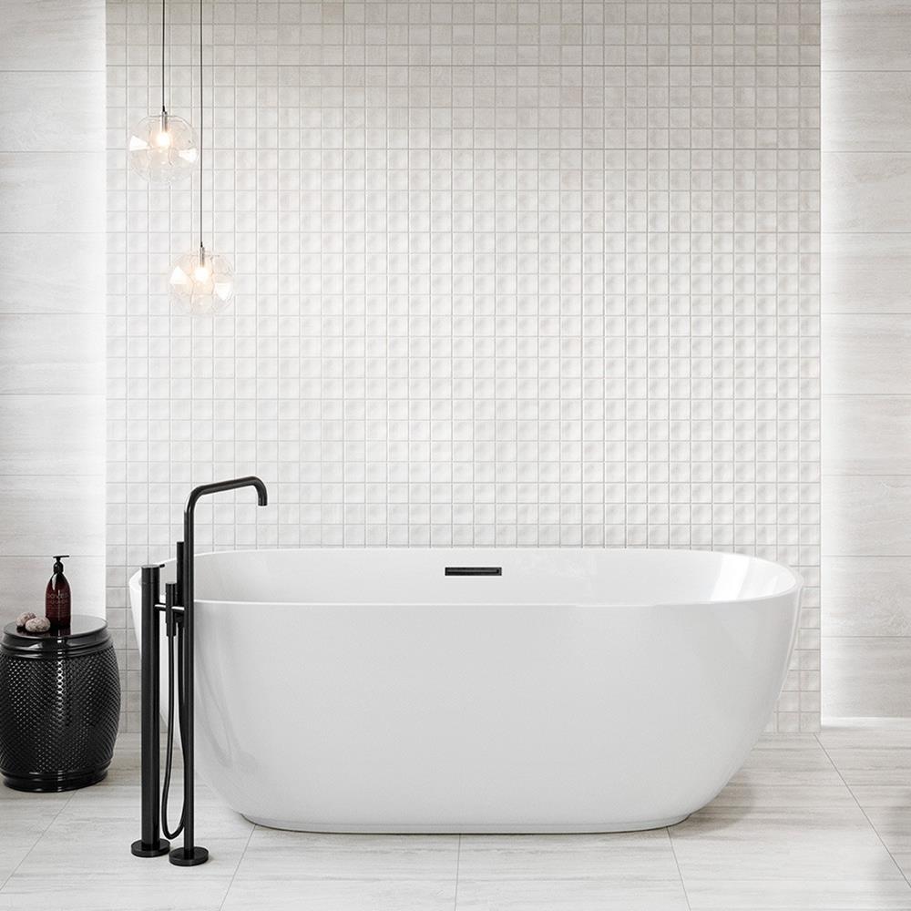 Bliss White stone effect wall and floor tile on contemporary bathroom floor with wooden shelving, modern basins