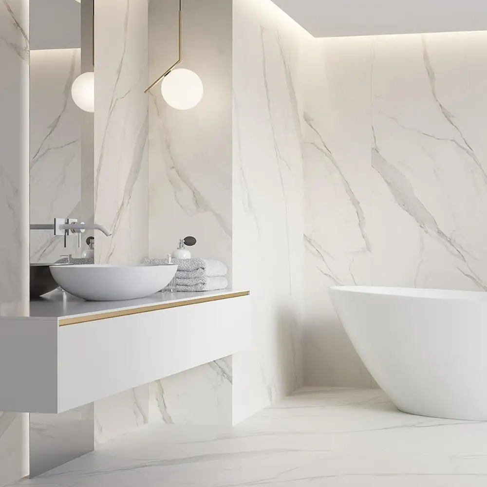 Calacatta Tile Collection showing White Tile in bathroom