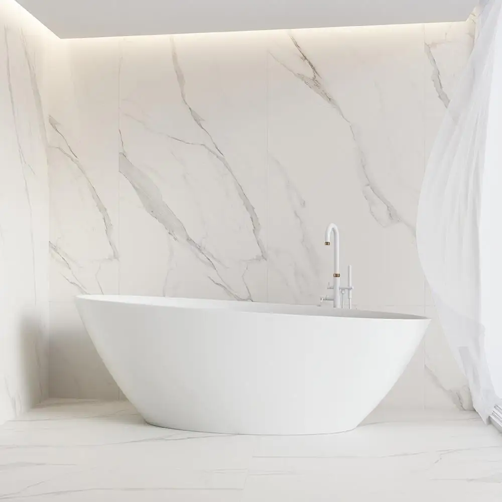 900x900mm White matt tile from Calacatta Tile Collection showing in bathroom