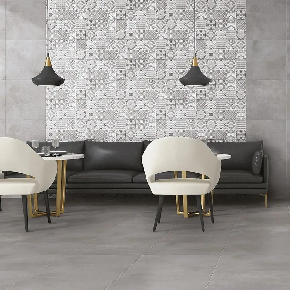 Cementine Grey Patchwork Décor Tile on stylish modern dining room feature wall