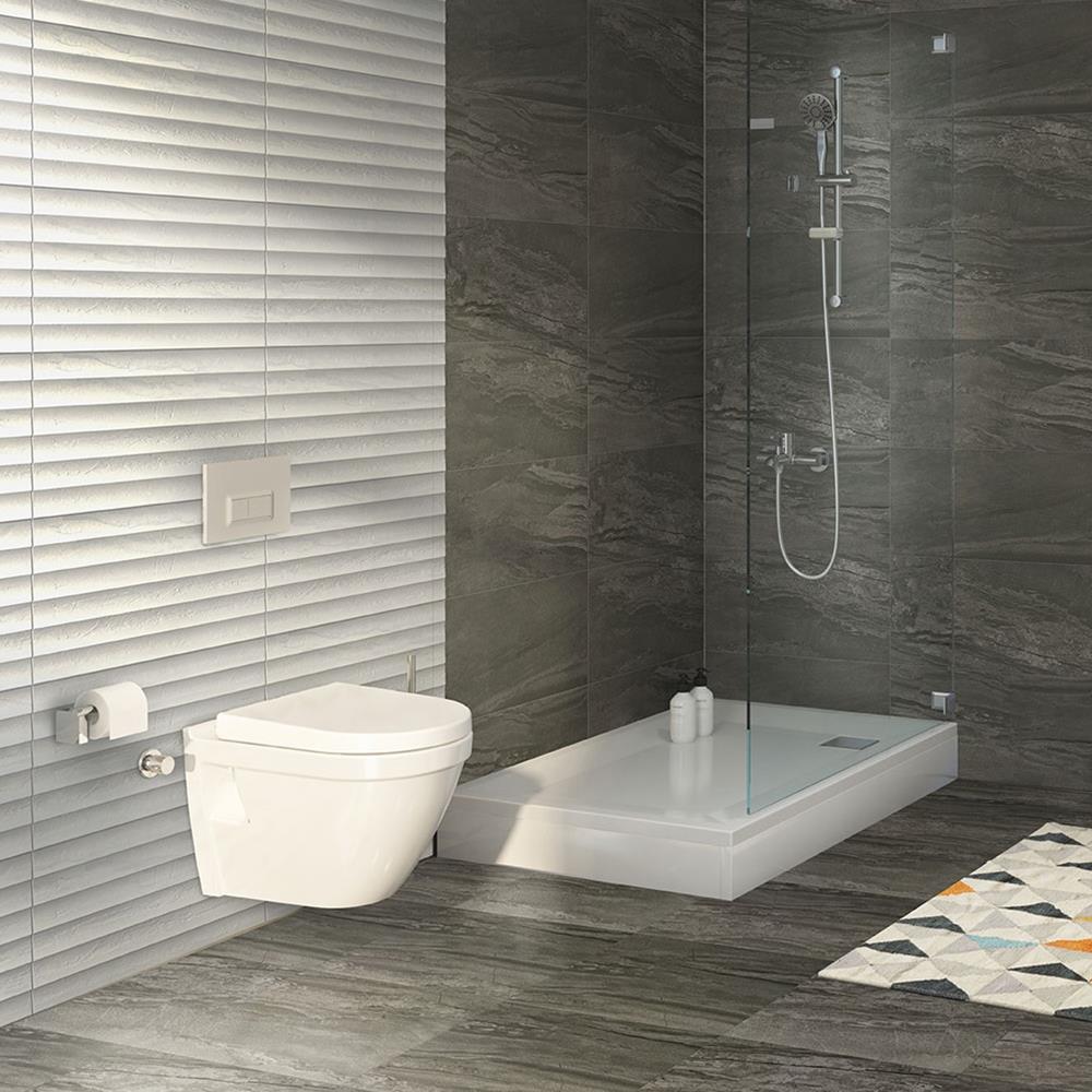 Close up of Storm Light Grey Shutter Décor Tile on modern bathroom feature wall