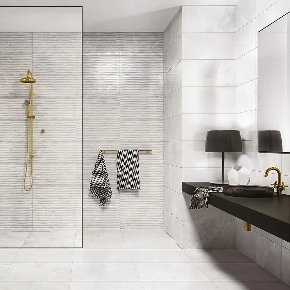 Versus White Gloss Tile on contemporary Bathroom wall