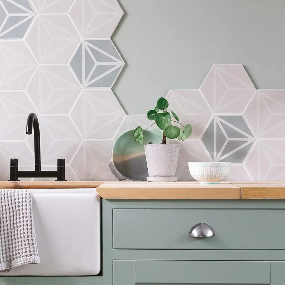 Varadero Grey hexagon Matt tile on kitchen wall as a splashback mixed with Varadero Mint coloured tile