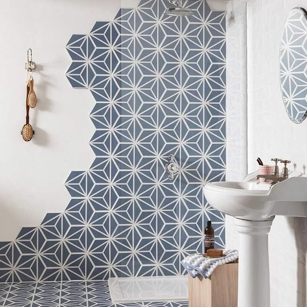 Varadero Azure blue hexagon tiles shown on shower wall and floor