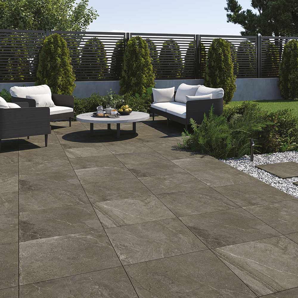 Cliff anthracite tile shown outside in garden