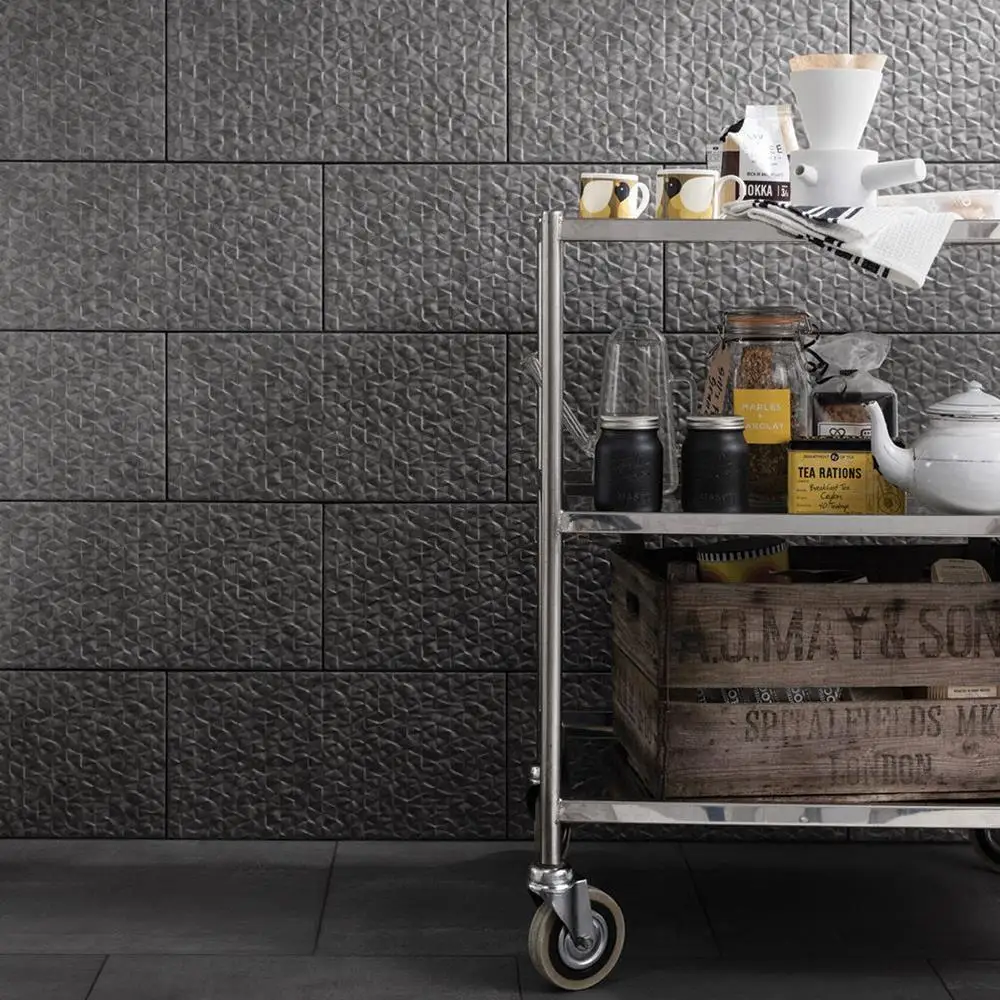 Barrington concept graphite décor Eco Tiles on kitchen wall with drinks trolley