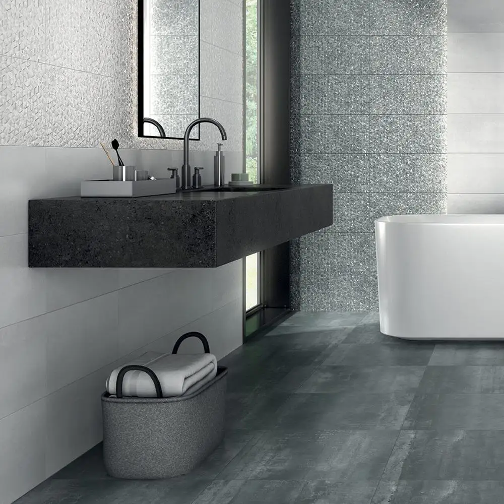 Barrington graphite floor Eco Tile in a modern bathroom setting with coordinating wall tioles