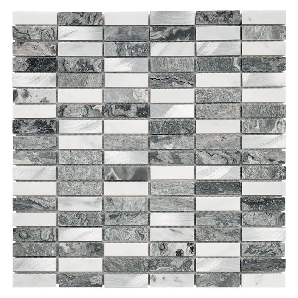 Creswell Grey Stone & Metal Mix Linear Mosaic 15x48mm