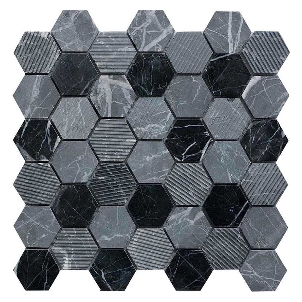 Midnight Stone Hexagon Mixed Finish Marble Mosaic 48x48mm